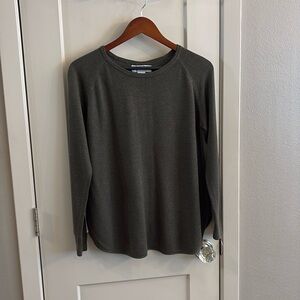 Magaschoni crew neck sweater in olive green. Size medium, relaxed fit